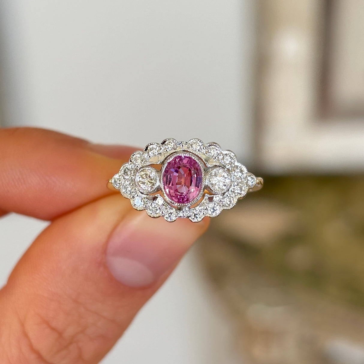 Contemporary, 2000s pink sapphire & diamond cluster ring