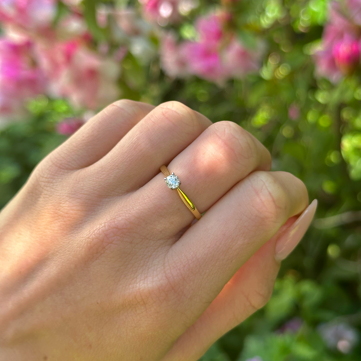Contemporary, Solitaire old cut Diamond Engagement Ring, 18ct Yellow Gold worn on hand.