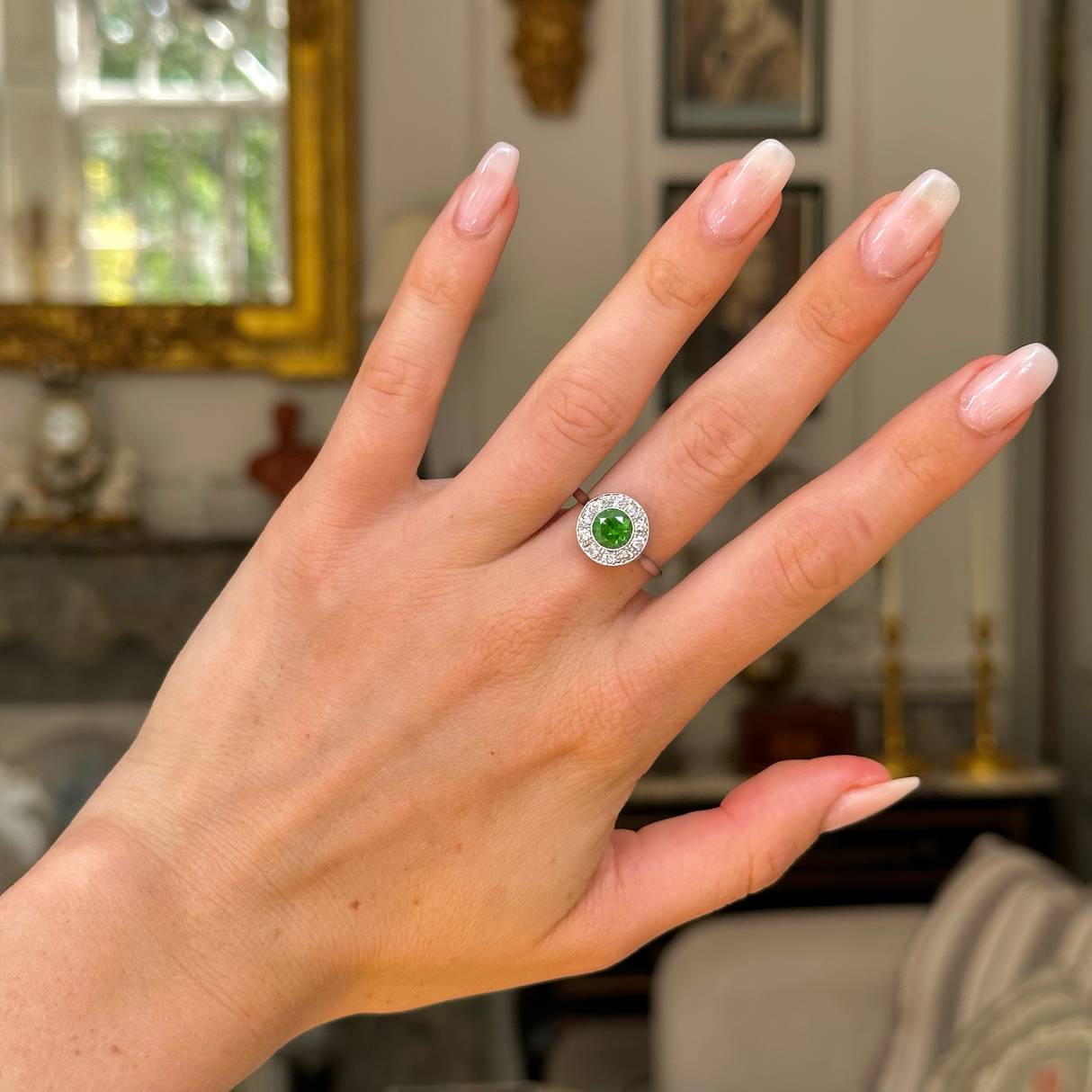 Vintage, 1.20ct demantoid green garnet & diamond cluster ring, 18ct white gold