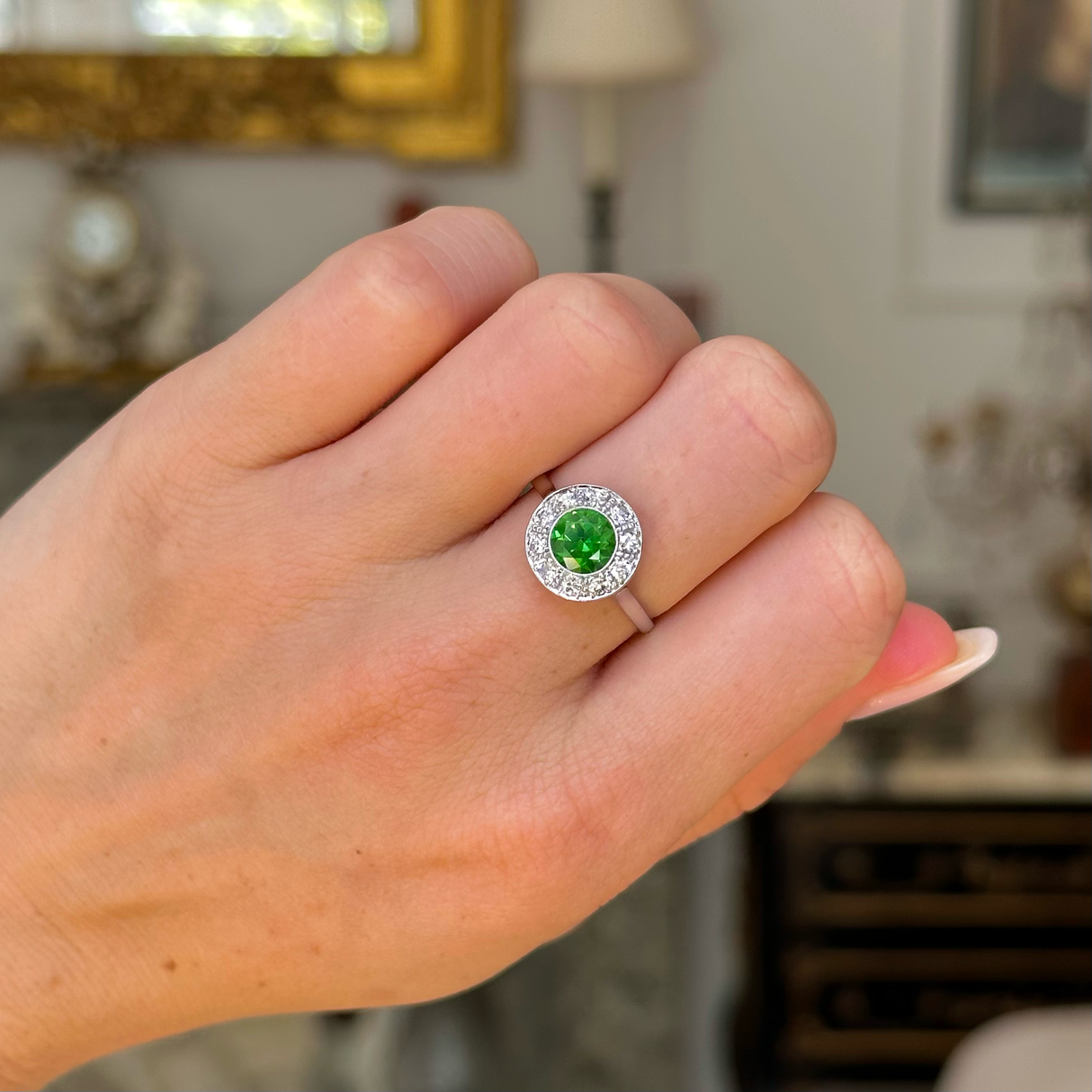 Vintage, 1.20ct demantoid green garnet & diamond cluster ring, 18ct white gold