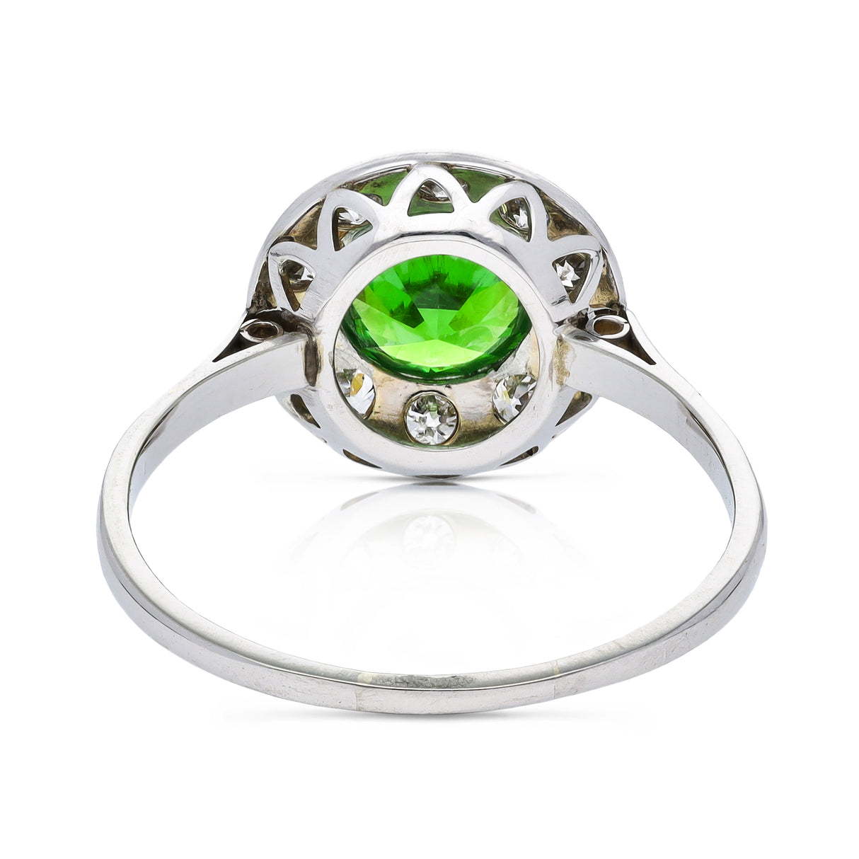 Vintage, 1.20ct demantoid green garnet & diamond cluster ring, 18ct white gold