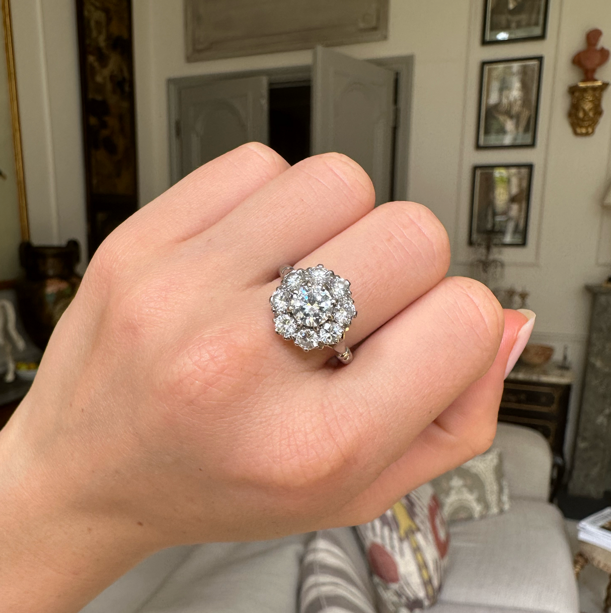 Engagement, diamond cluster ring, antique