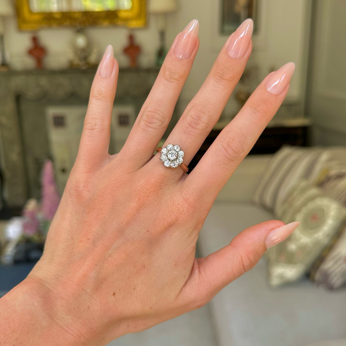 SOLD! Antique Belle Époque diamond cluster engagement ring, 18ct rose gold