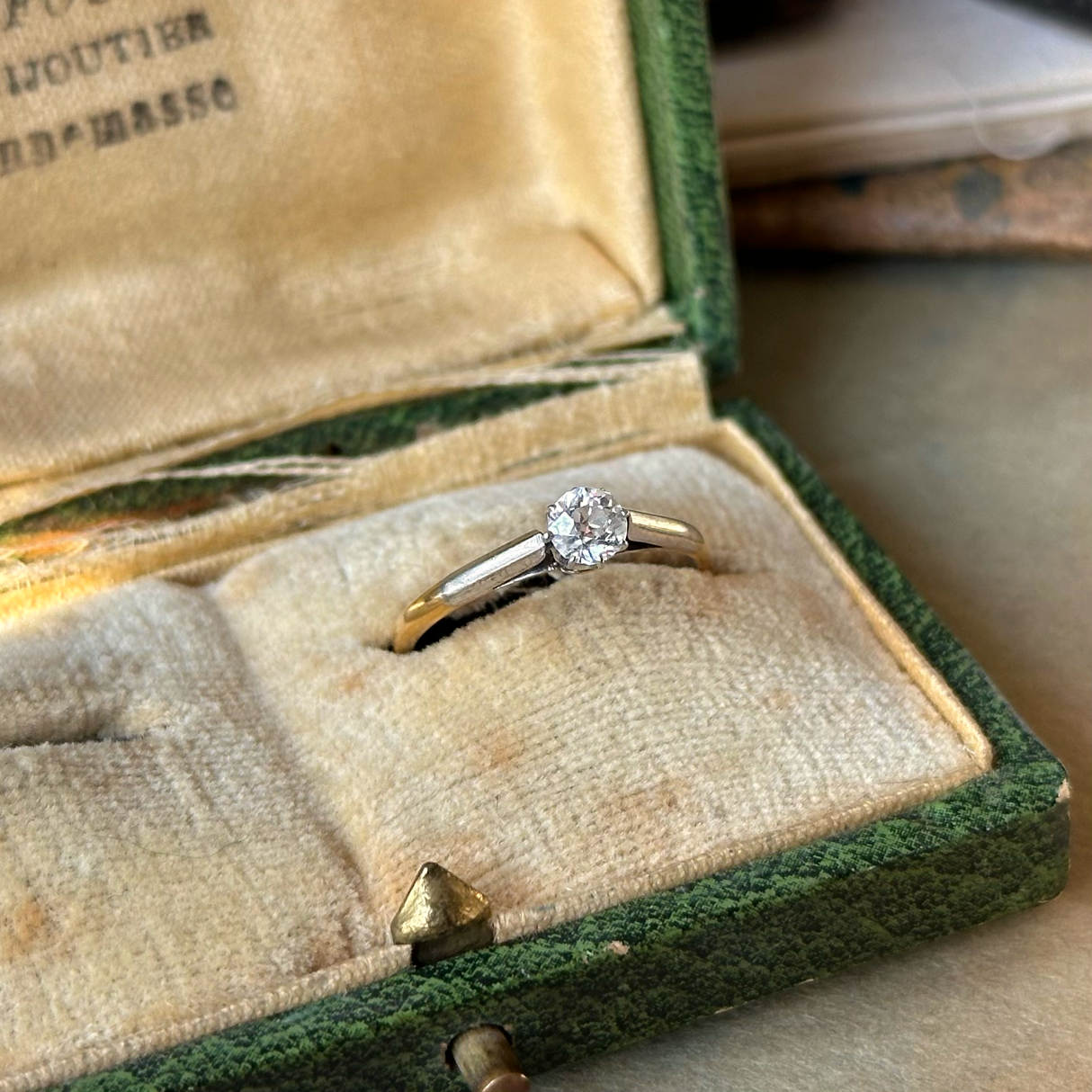 Edwardian solitaire diamond engagement ring, front view.