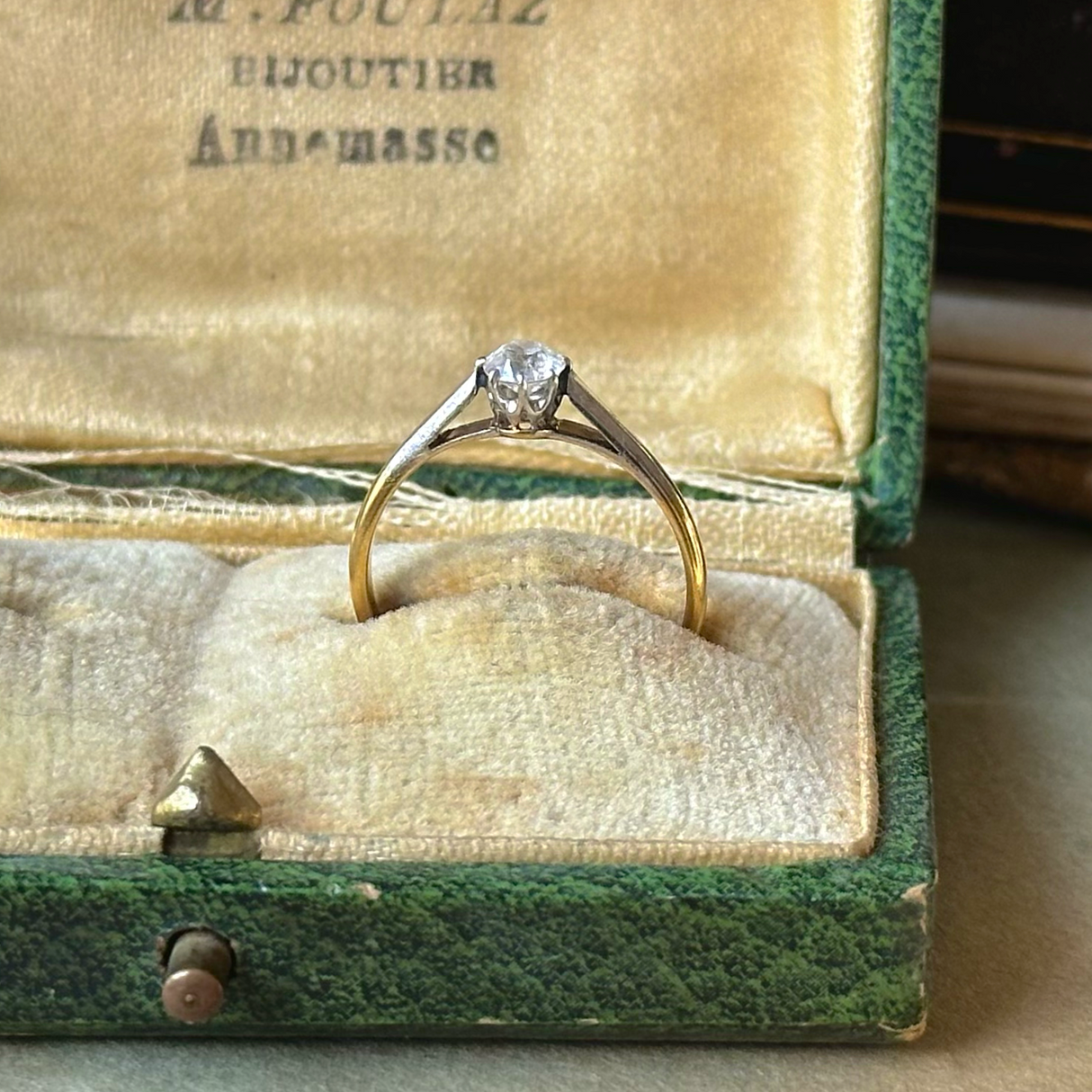Edwardian solitaire diamond engagement ring, front view.
