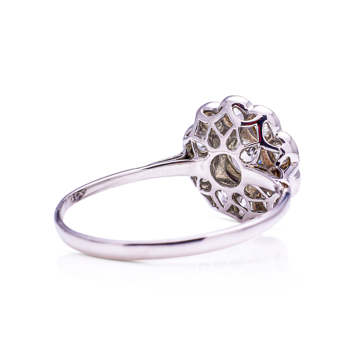 edwardian diamond daisy cluster engagement ring, rear view.
