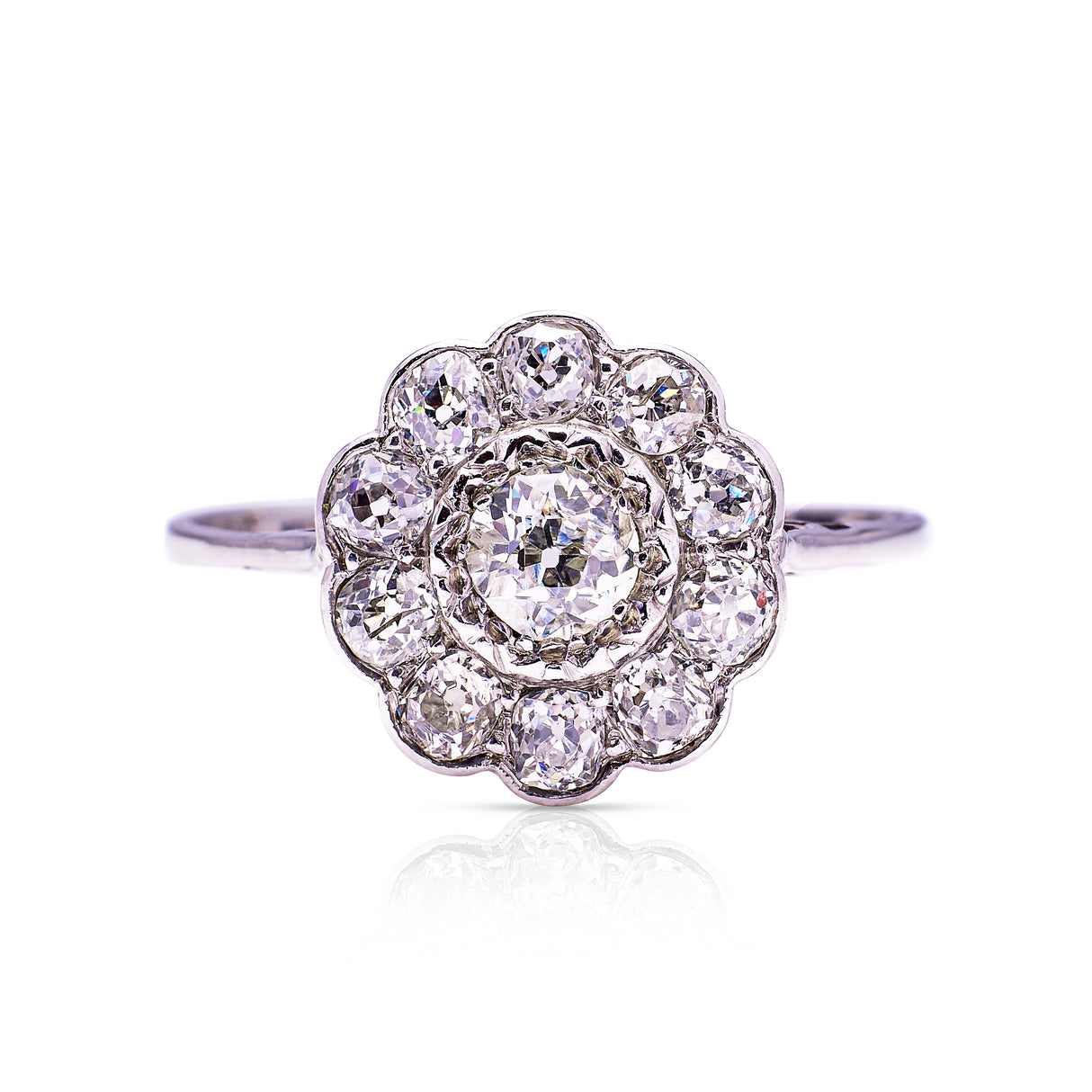 edwardian diamond daisy cluster engagement ring, front view.