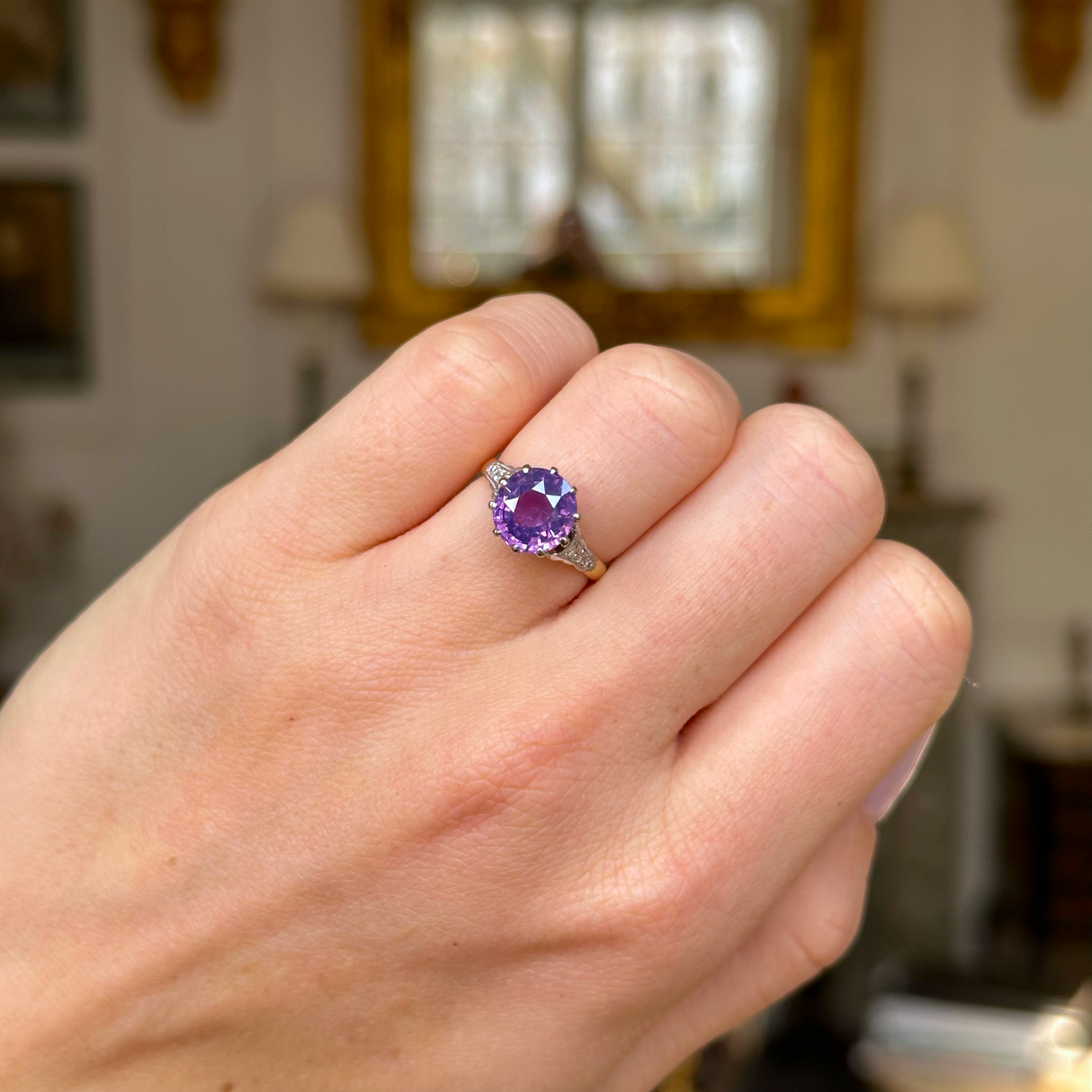 Hazy lilac sapphire and diamond ring, 18ct yellow gold and platinum