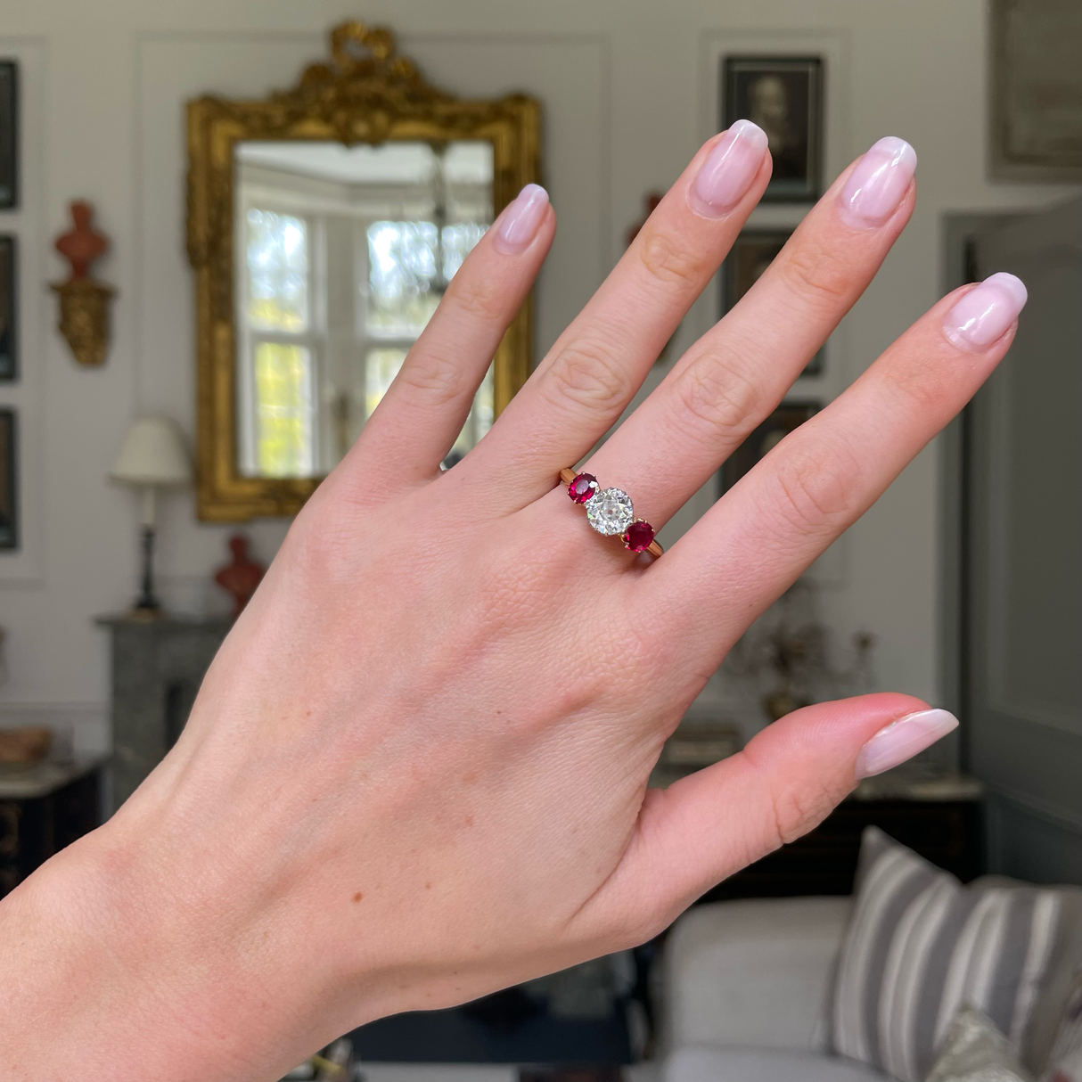 Edwardian, French, diamond & ruby three-stone ring