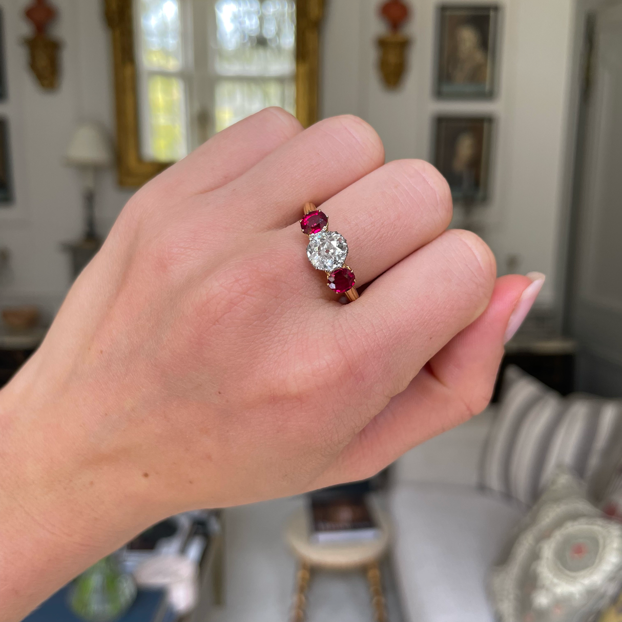 Edwardian, French, diamond & ruby three-stone ring