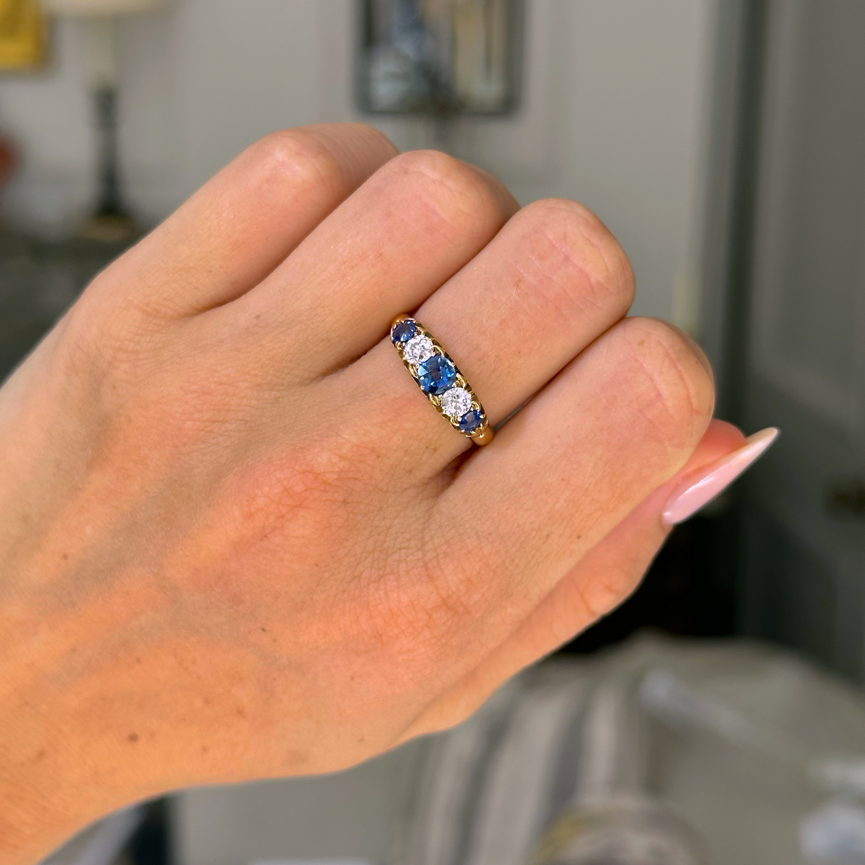 Antique, Victorian five stone sapphire and diamond ring, 18ct yellow gold