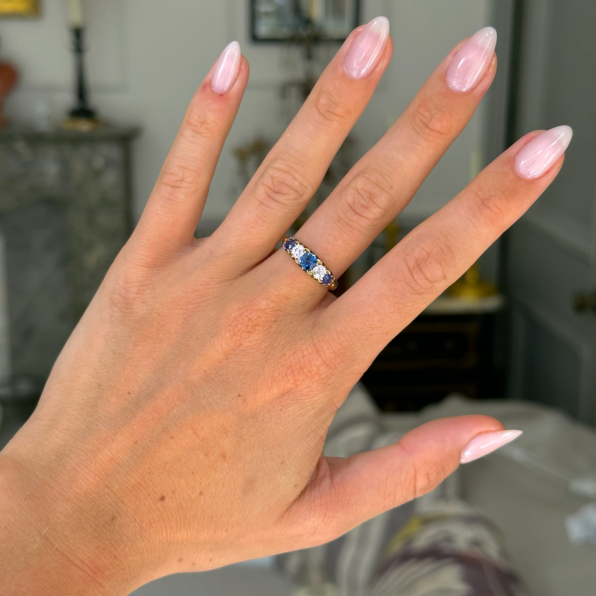 Antique, Victorian five stone sapphire and diamond ring, 18ct yellow gold