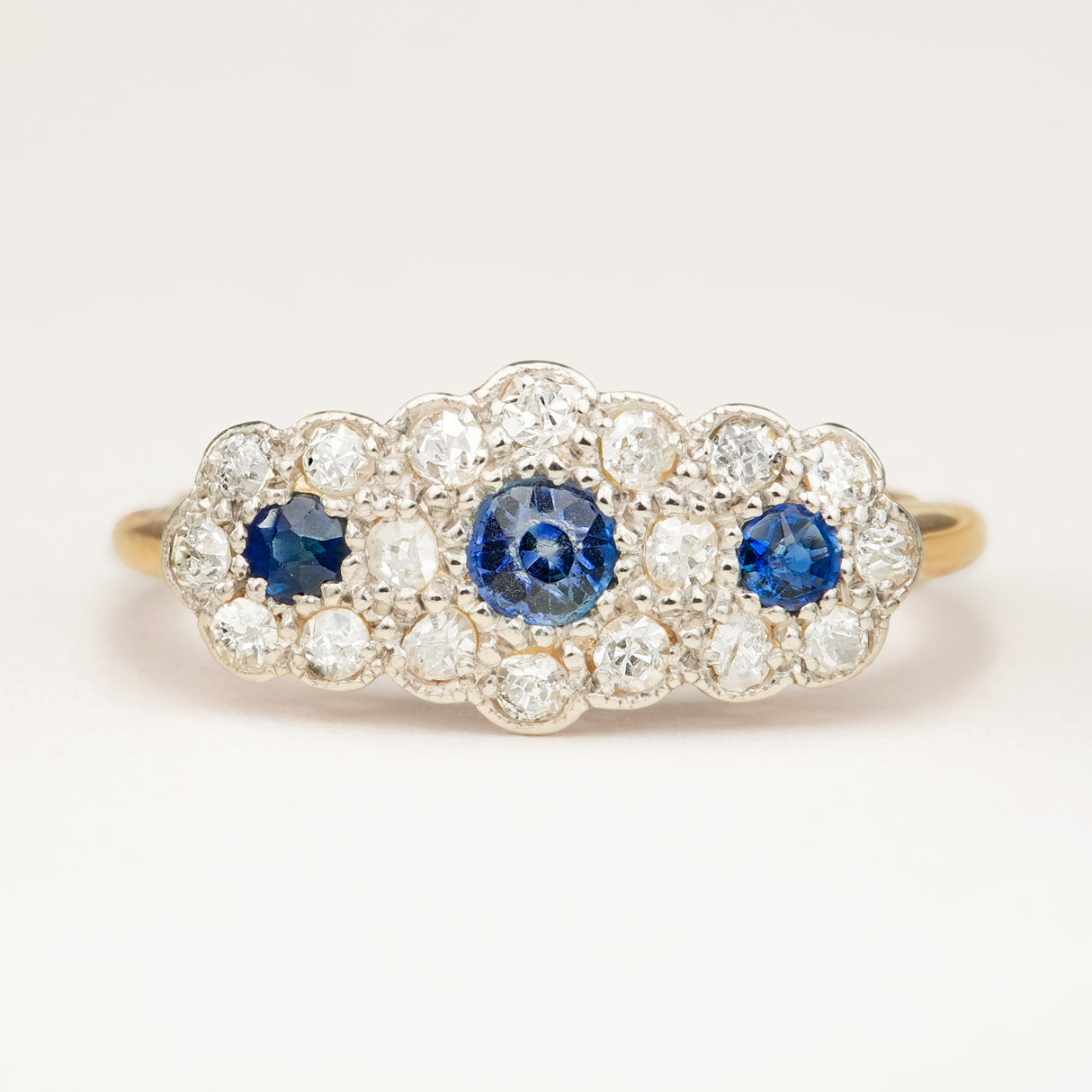 Edwardian Antique Sapphire Diamond Triple Cluster Ring - Engagement