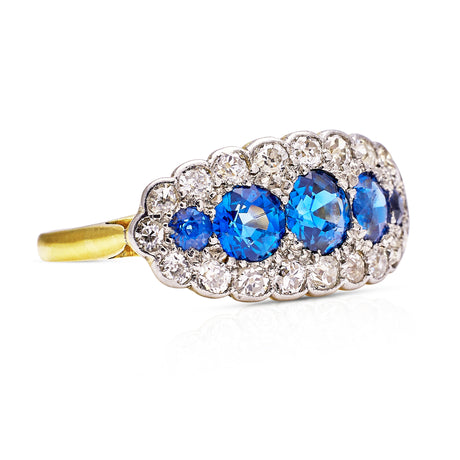 Edwardian blue sapphire & diamond five-stone ring, 18ct yellow gold