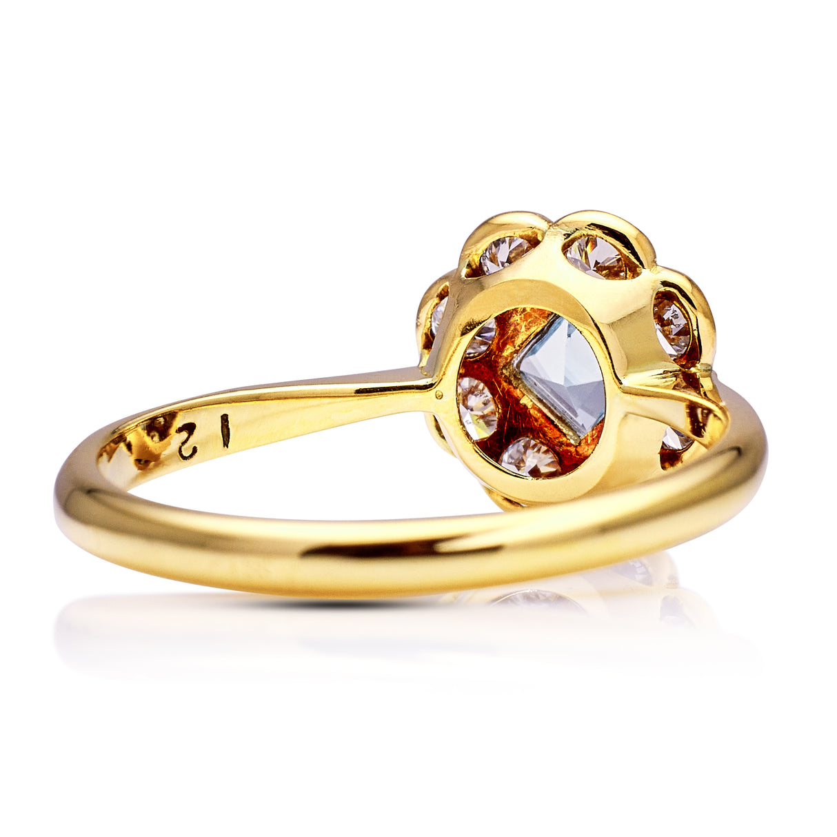 Edwardian aquamarine and diamond cluster ring, rear view.