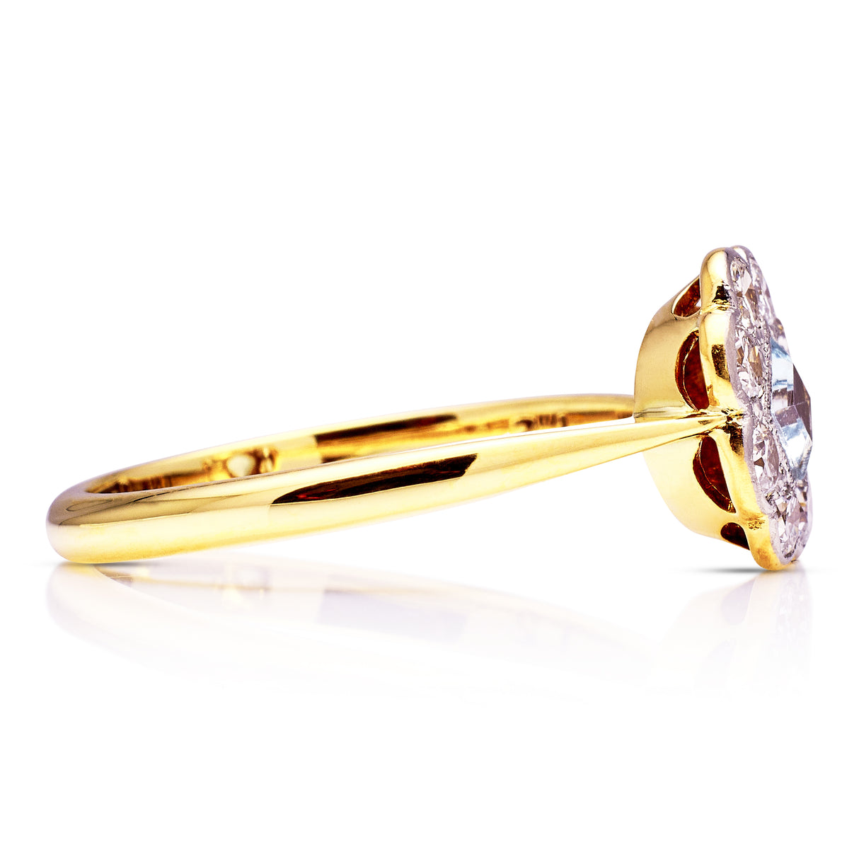 Edwardian aquamarine and diamond cluster ring, side view.