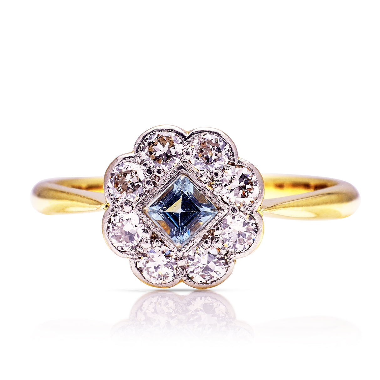 Edwardian aquamarine and diamond cluster ring, front view.