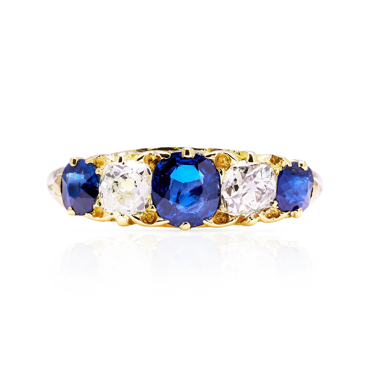 edwardian sapphire and diamond five stone ring, front view.