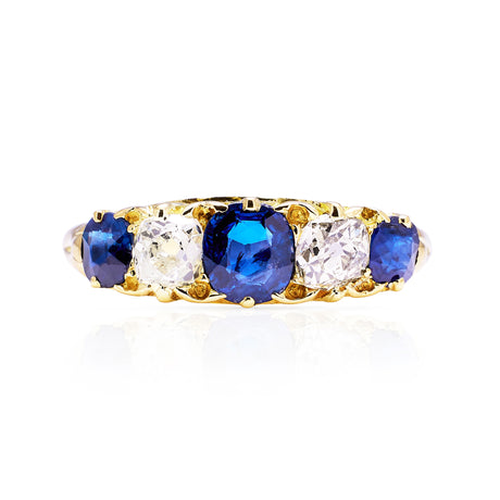 edwardian sapphire and diamond five stone ring, front view. 