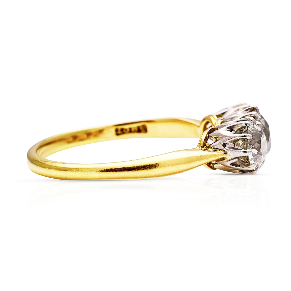 Edwardian, three stone 1.75ct diamond engagement ring, 18ct yellow gold