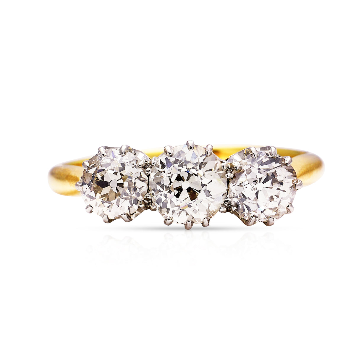 Edwardian, three stone 1.75ct diamond engagement ring, 18ct yellow gold