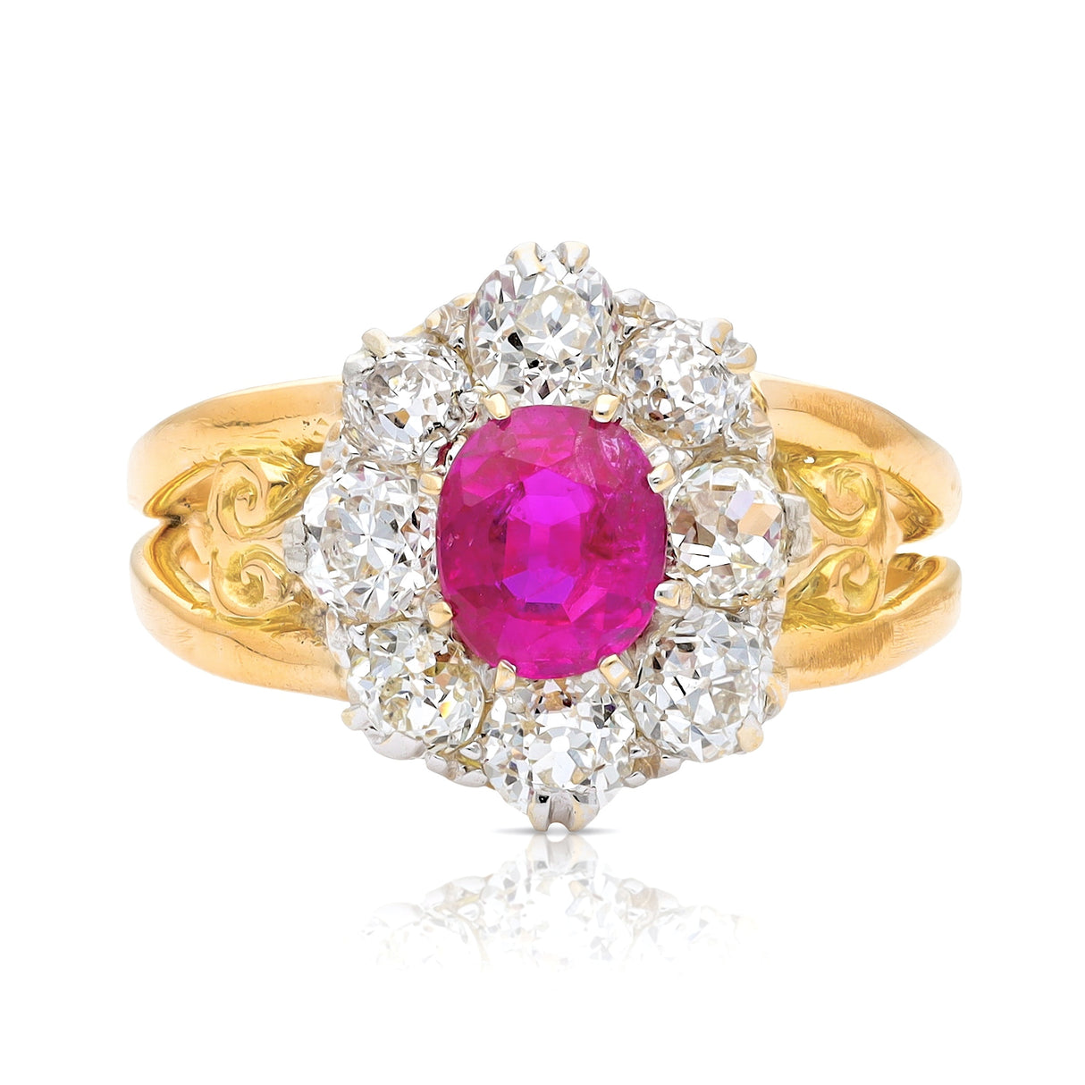 Edwardian oval Burmese pink sapphire & diamond engagement cluster ring