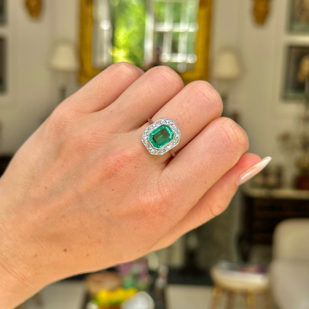 Art Deco, 1920s, emerald and diamond cluster engagement ring, platinum