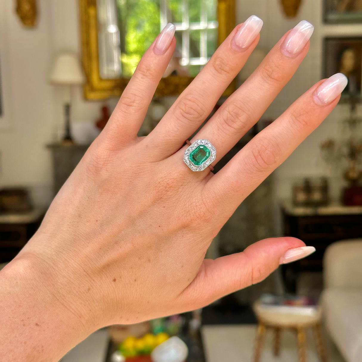 Art Deco, 1920s, emerald and diamond cluster engagement ring, platinum