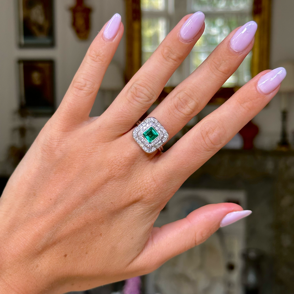 Art Deco, square-cut Colombian emerald & diamond cluster ring