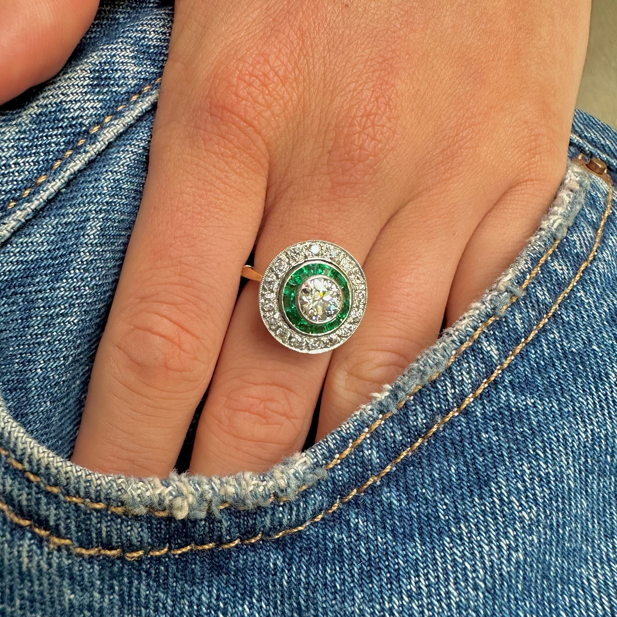 Art Deco emerald & diamond target cluster ring, circa 1920s