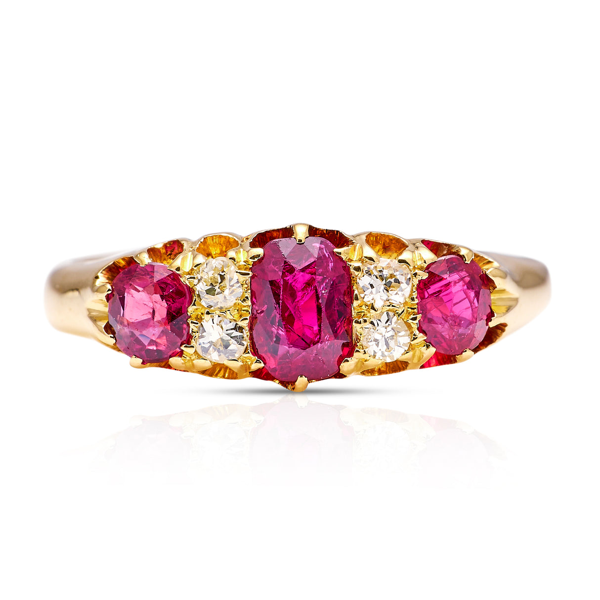 Antique, Edwardian three-stone ruby and diamond ring