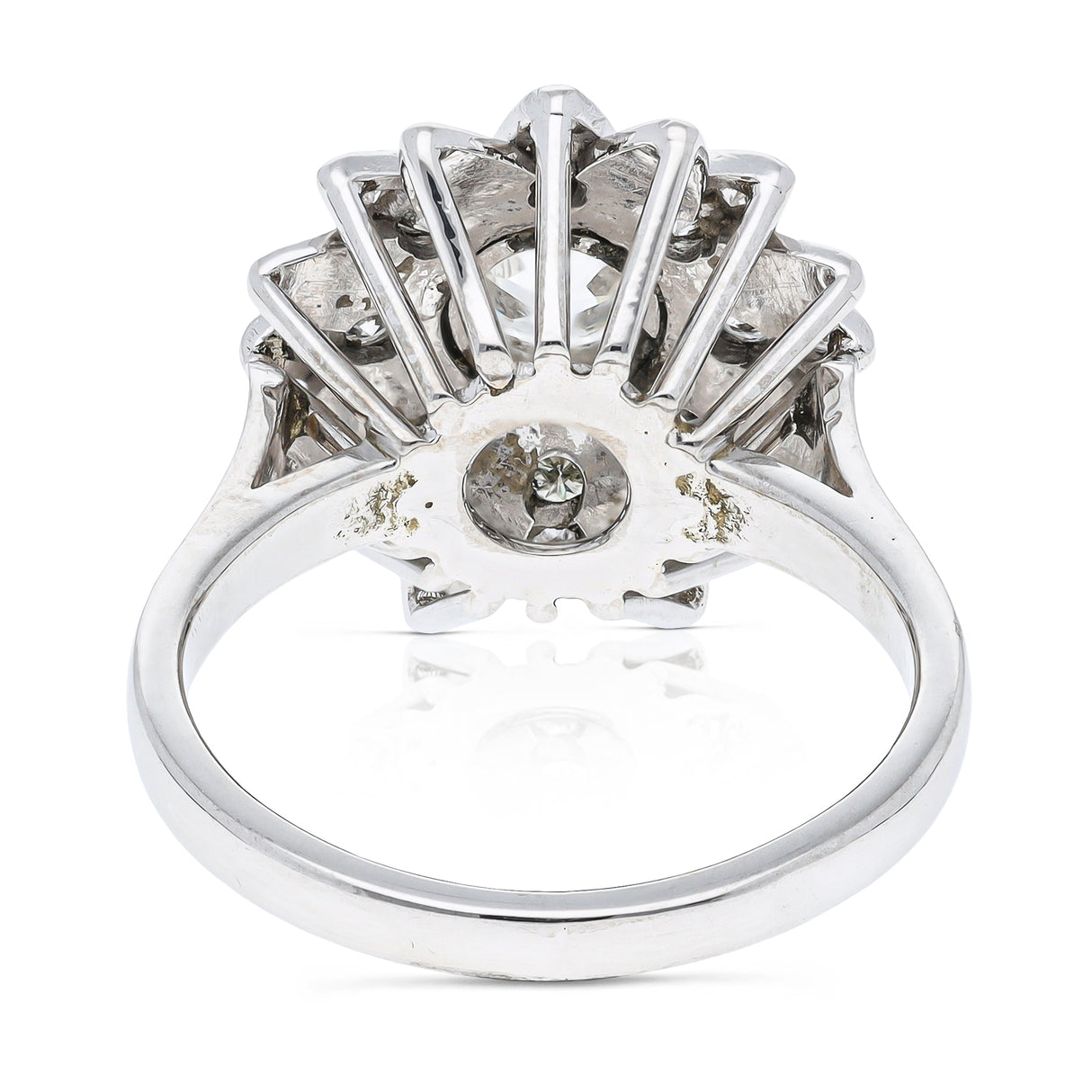 french diamond engagement ring resembling a flower, back view.
