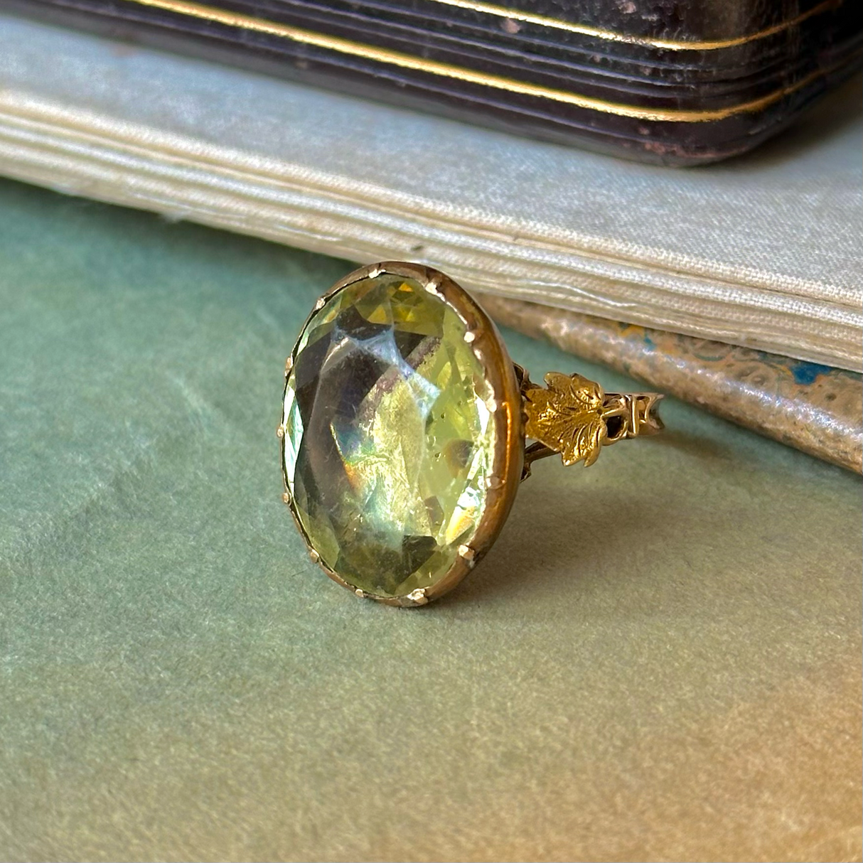 georgian green glass cocktail ring, front view.