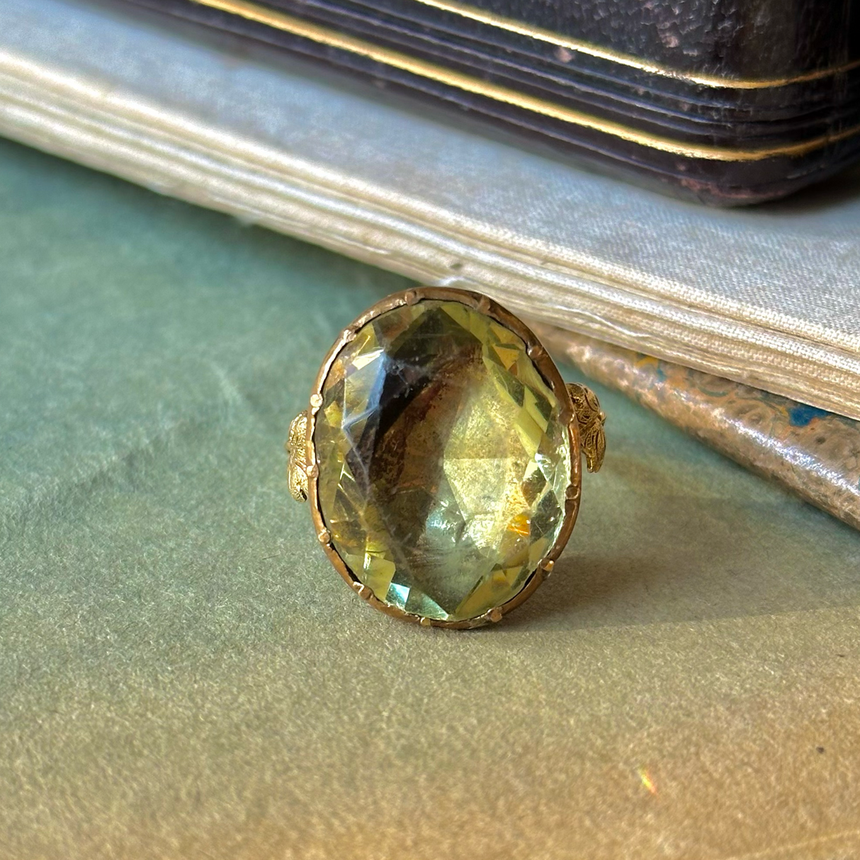 georgian green glass cocktail ring, full front view.