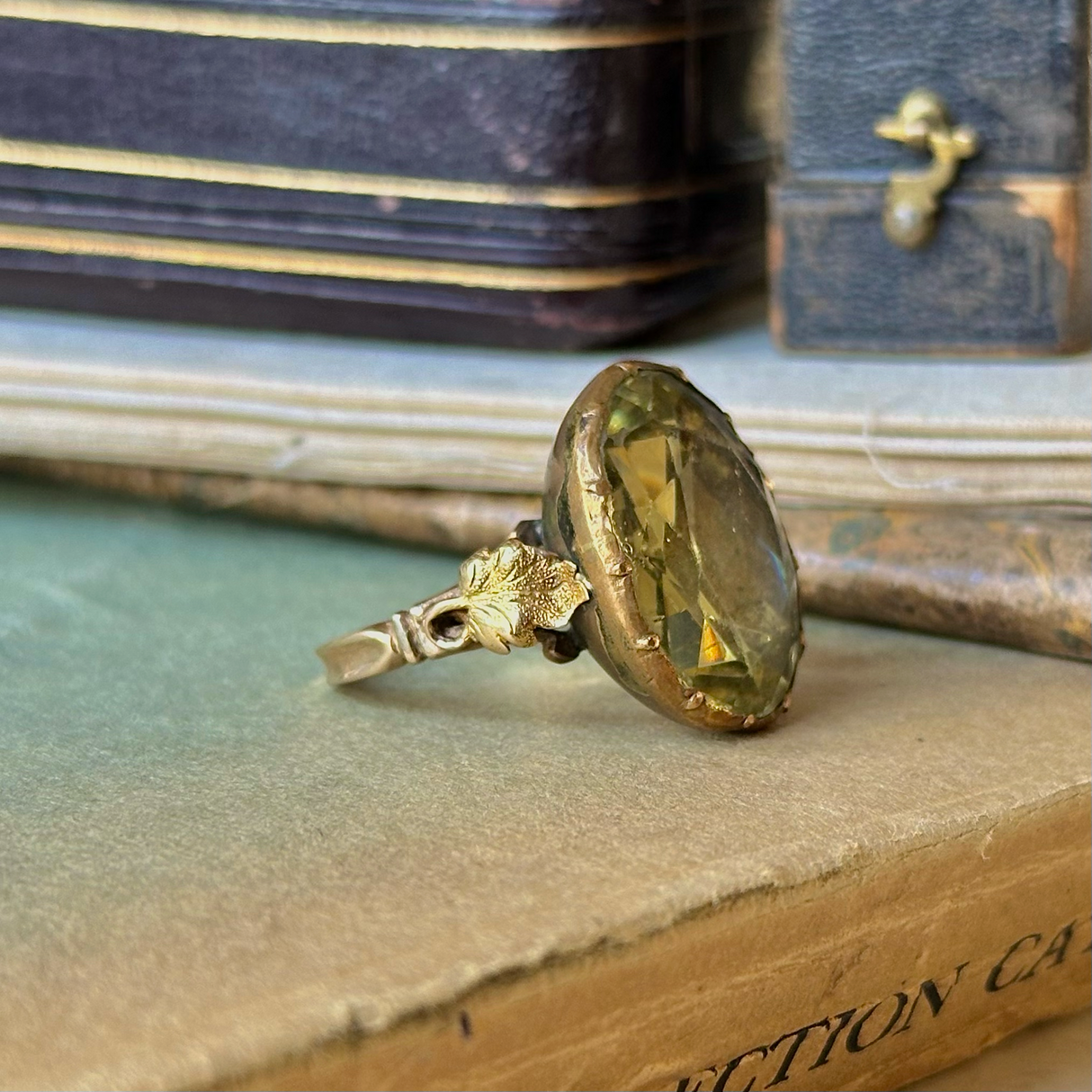 georgian green glass cocktail ring, side view.