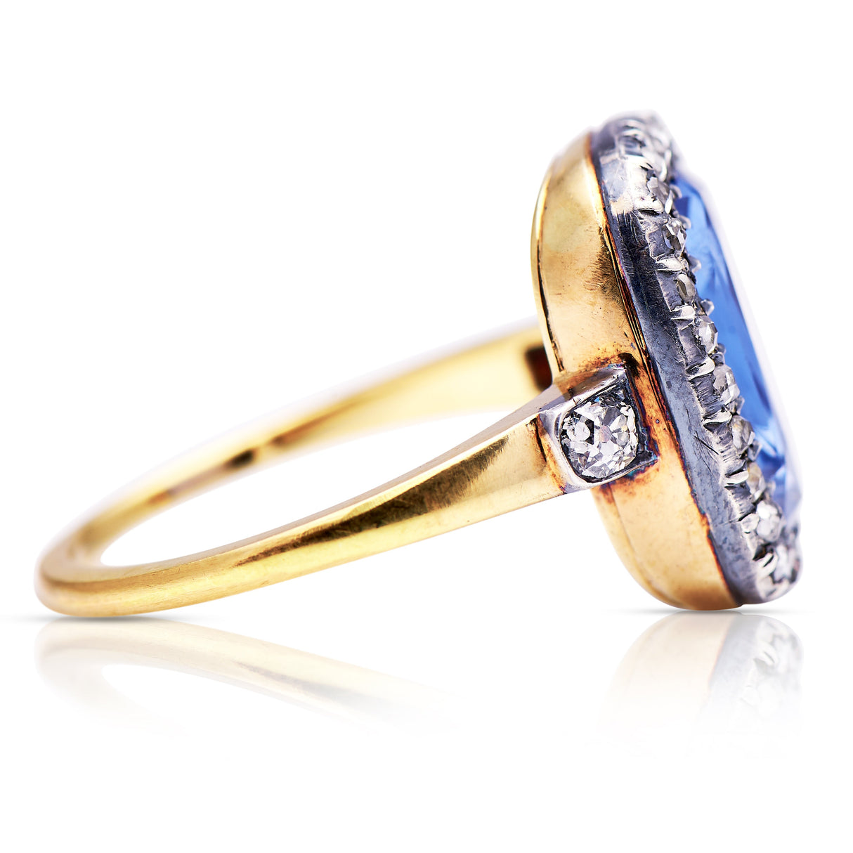 Early Victorian sapphire and diamond engagement ring, side view.