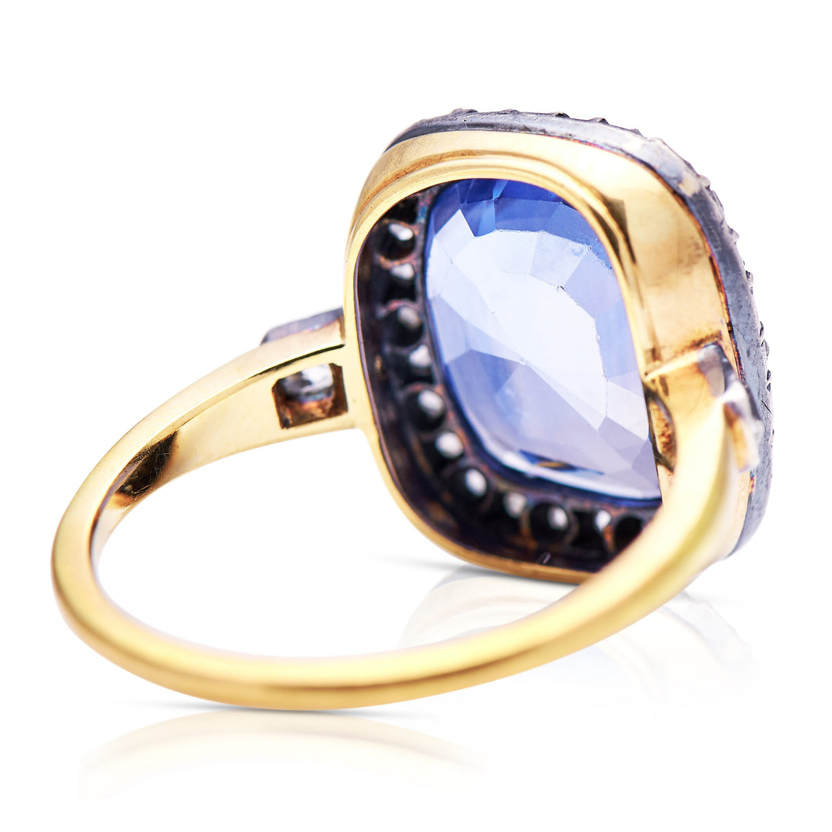 Early Victorian sapphire and diamond engagement ring, rear view.