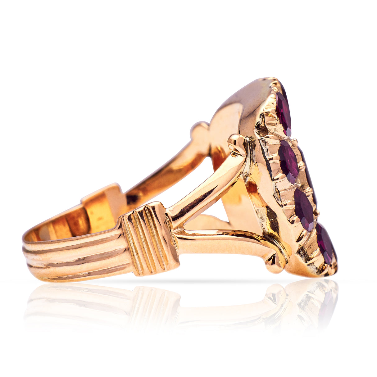 Georgian garnet cluster ring, side view.