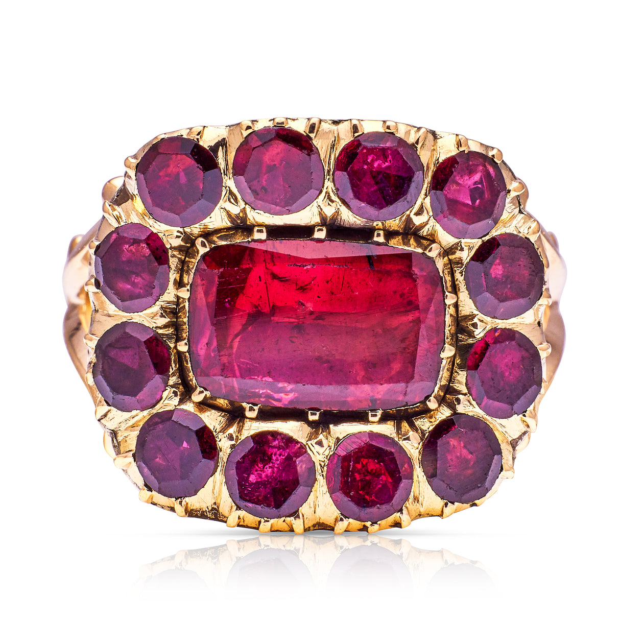 Georgian garnet cluster ring, front view.