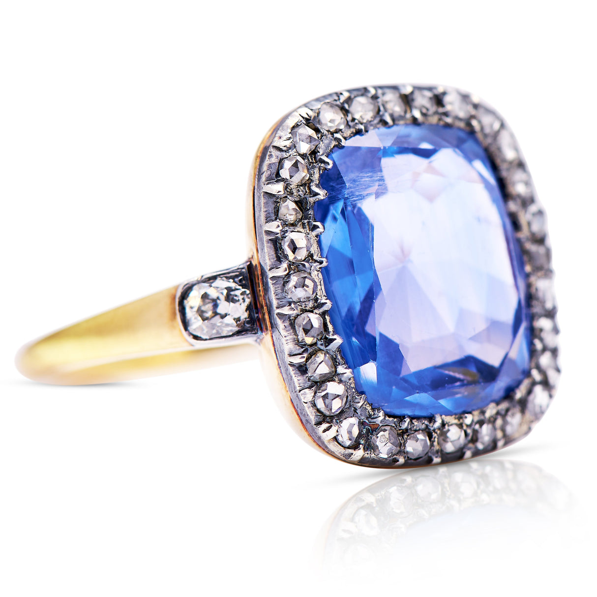 Early Victorian sapphire and diamond engagement ring, side view.