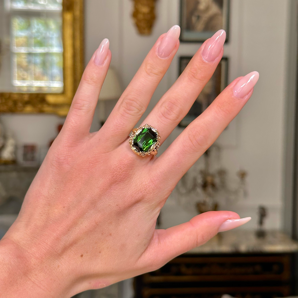 Antique, Art Nouveau, chrome green tourmaline ring