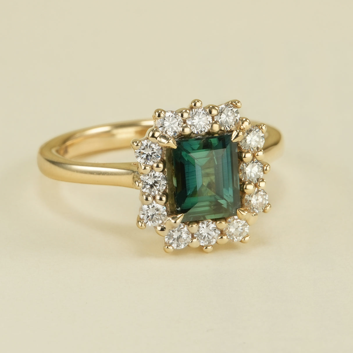 Sqaure-cut teal sapphire & diamond cluster ring