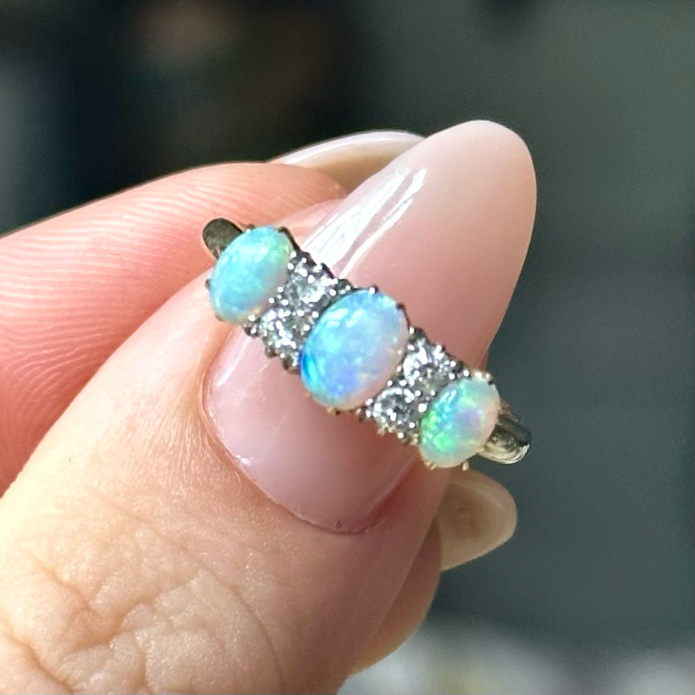 Antique, Edwardian three stone opal and diamond ring, 18ct yellow gold