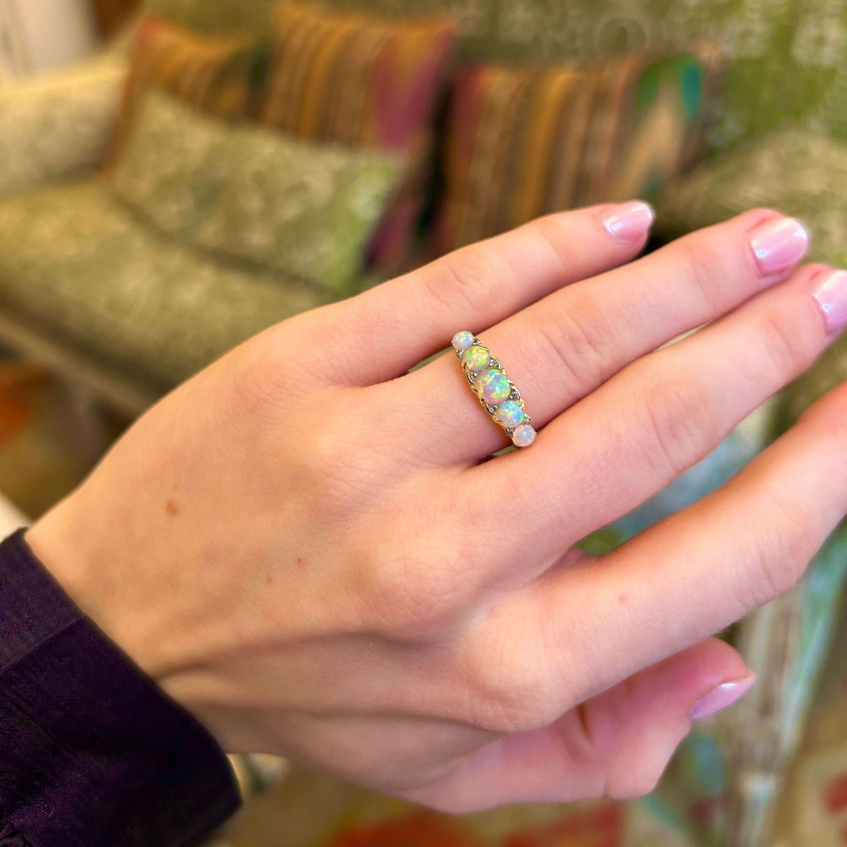 Antique, Edwardian opal and diamond half-hoop ring