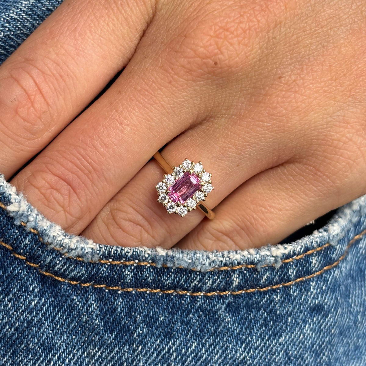 Antique-inspired, pink sapphire and diamond cluster engagement ring