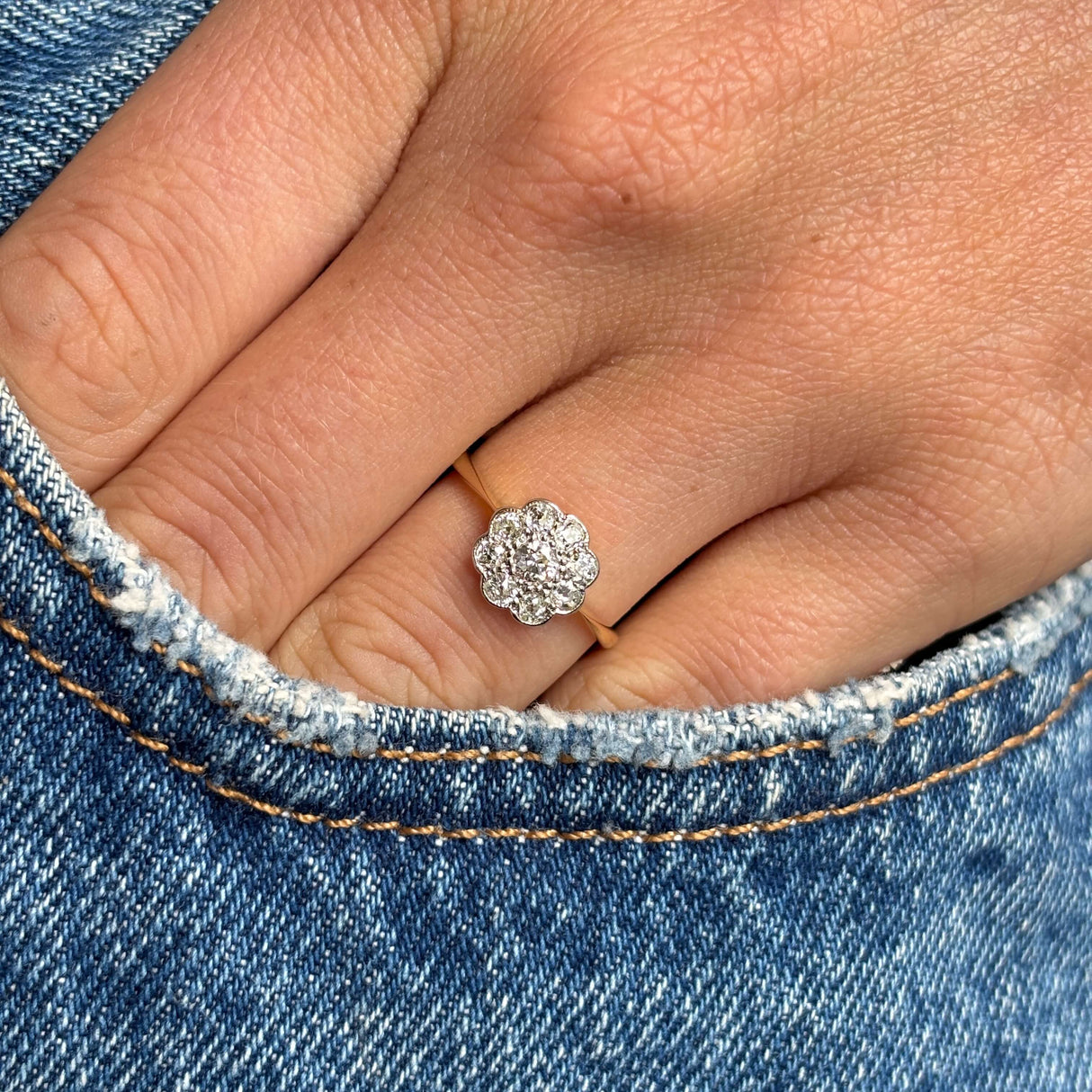 Close-up of a hand wearing a gold Antique, Edwardian old-cut diamond cluster engagement ring with blue jeans in the background
