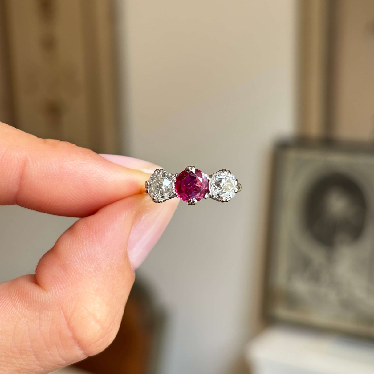 Antique, Edwardian Burmese ruby and diamond three-stone engagement ring