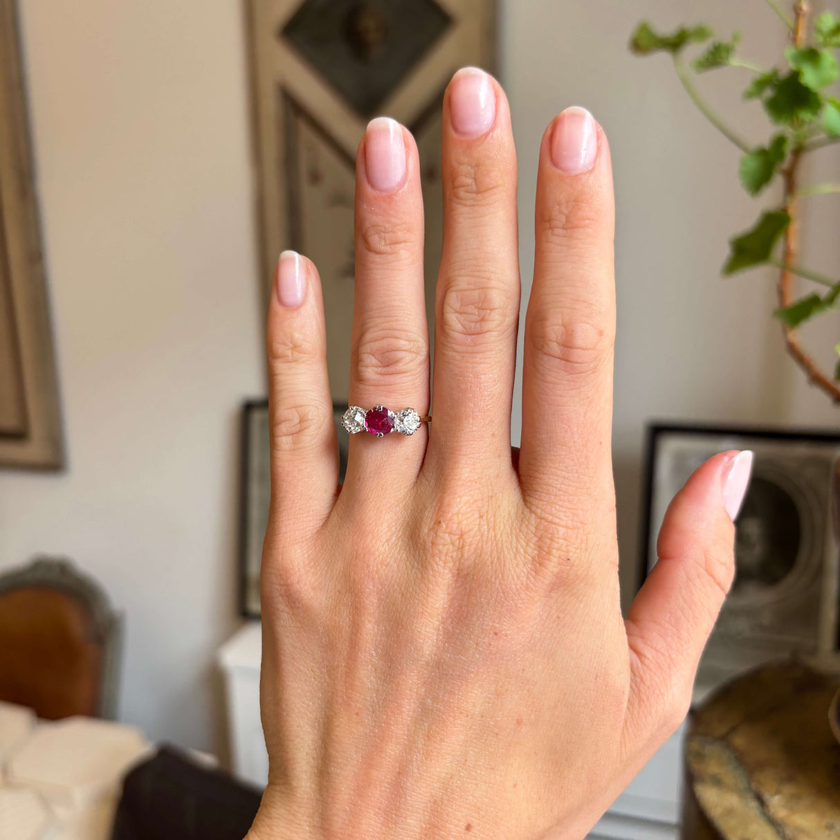 Antique, Edwardian Burmese ruby and diamond three-stone engagement ring