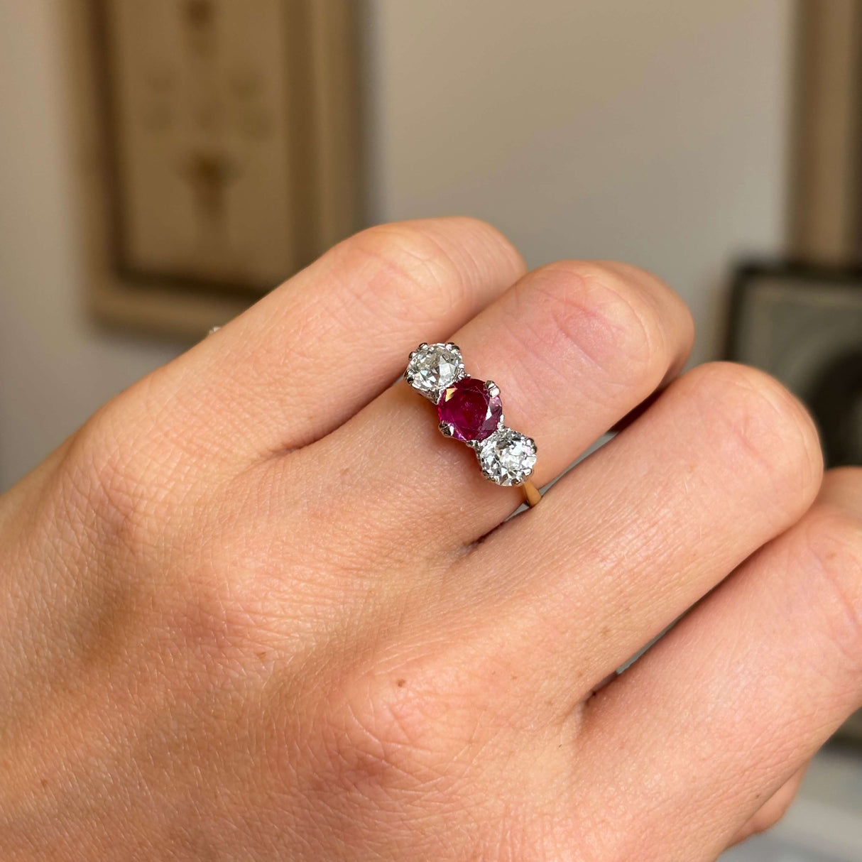 Antique, Edwardian Burmese ruby and diamond three-stone engagement ring