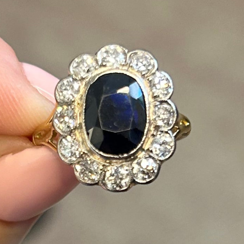 Antique, Edwardian sapphire and diamond cluster engagement ring